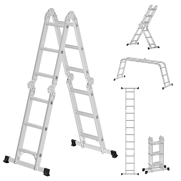SONGMICS Mehrzweckleiter 4x3 Stufen (Trittleiter, Aluleiter, Haushaltsleiter) Mehrzweckleiter
