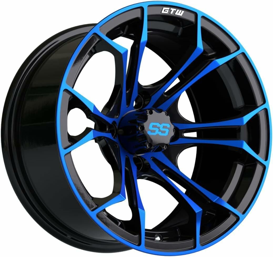 GTW Spyder 14 Inch Aluminum Golf Cart Wheel 14x7 | 4-4 Bolt | 3:4 Offset | Set of 4 (Blue/Black)