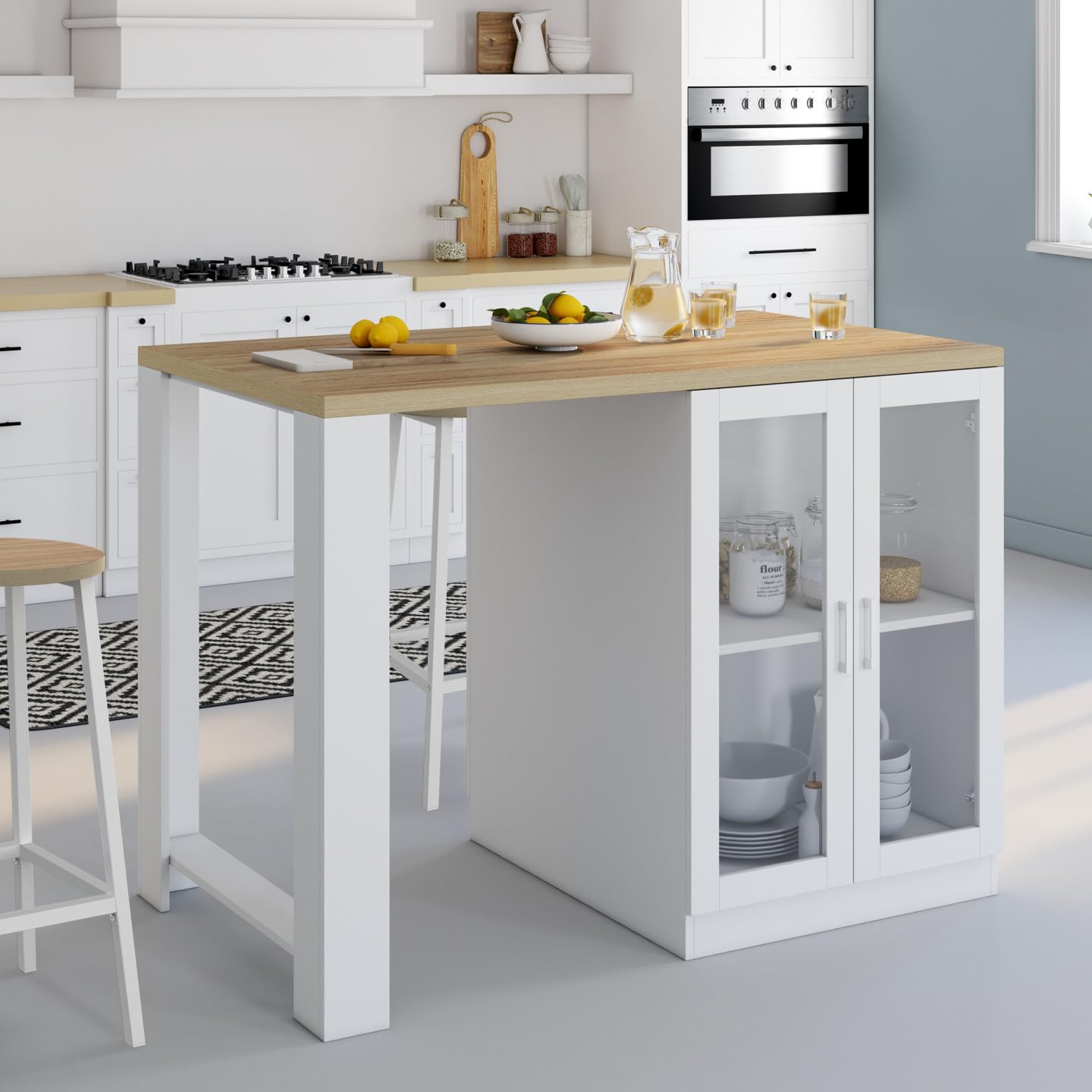 IDMarket - Ilot Central Lino 120 cm 2 Personnes Bois Blanc et Plan de Travail façon hêtre et Portes vitrées
