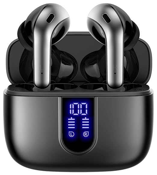F FUNX Bluetooth Headphones True Wireless Earbuds 60H Playback LED Power Display Earphones with Charging Case, IPX7 Waterproof in-Ear Earbuds with Mic(Black) at Rs. 999