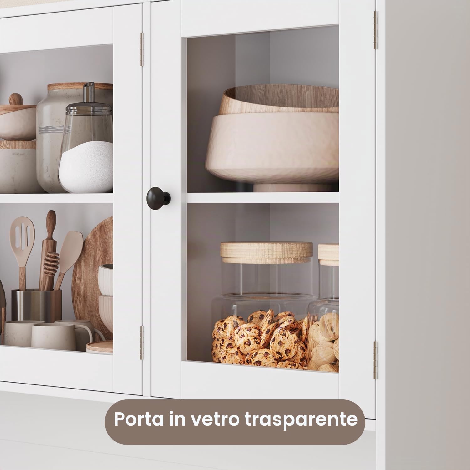 Xbro Credenza Cucina con LED e Presa Integrata, Coffee Station con Vano Microonde, Mobile Dispensa Salvaspazio con 5 Ante 3 Cassetti e Ante in Vetro, per Cucina Sala da Pranzo Soggiorno, 100x40x180 cm