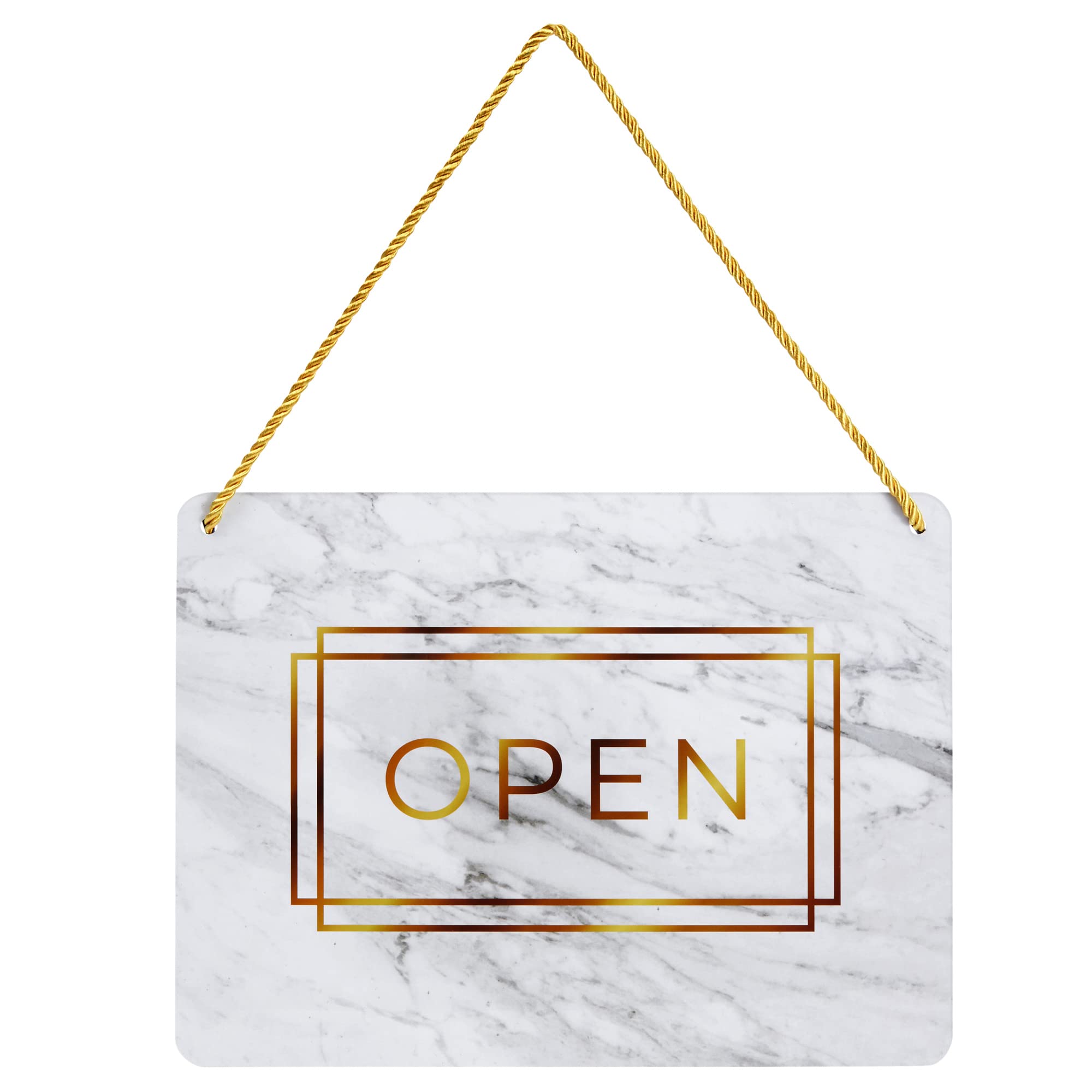 Paquete de 2 letreros abiertos de doble cara para puerta de negocios, diseño de mármol dorado, letreros colgantes reversibles para ventana (11.5 x 8.5 pulgadas)