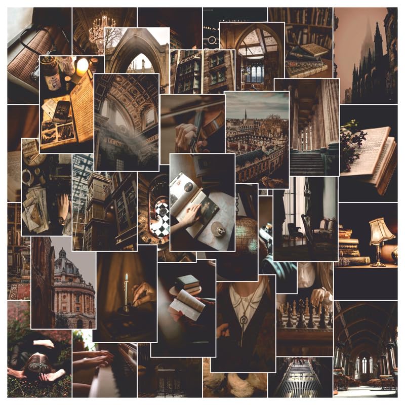 Image of POSTERONN Dark Academia Wall Collage Kit 54 Premium 4x6 Cardstock Posters Vintage Aesthetic Wall Art for Bedroom Study Office Decor Photo Cards with Glue Dots Classic Gallery Set