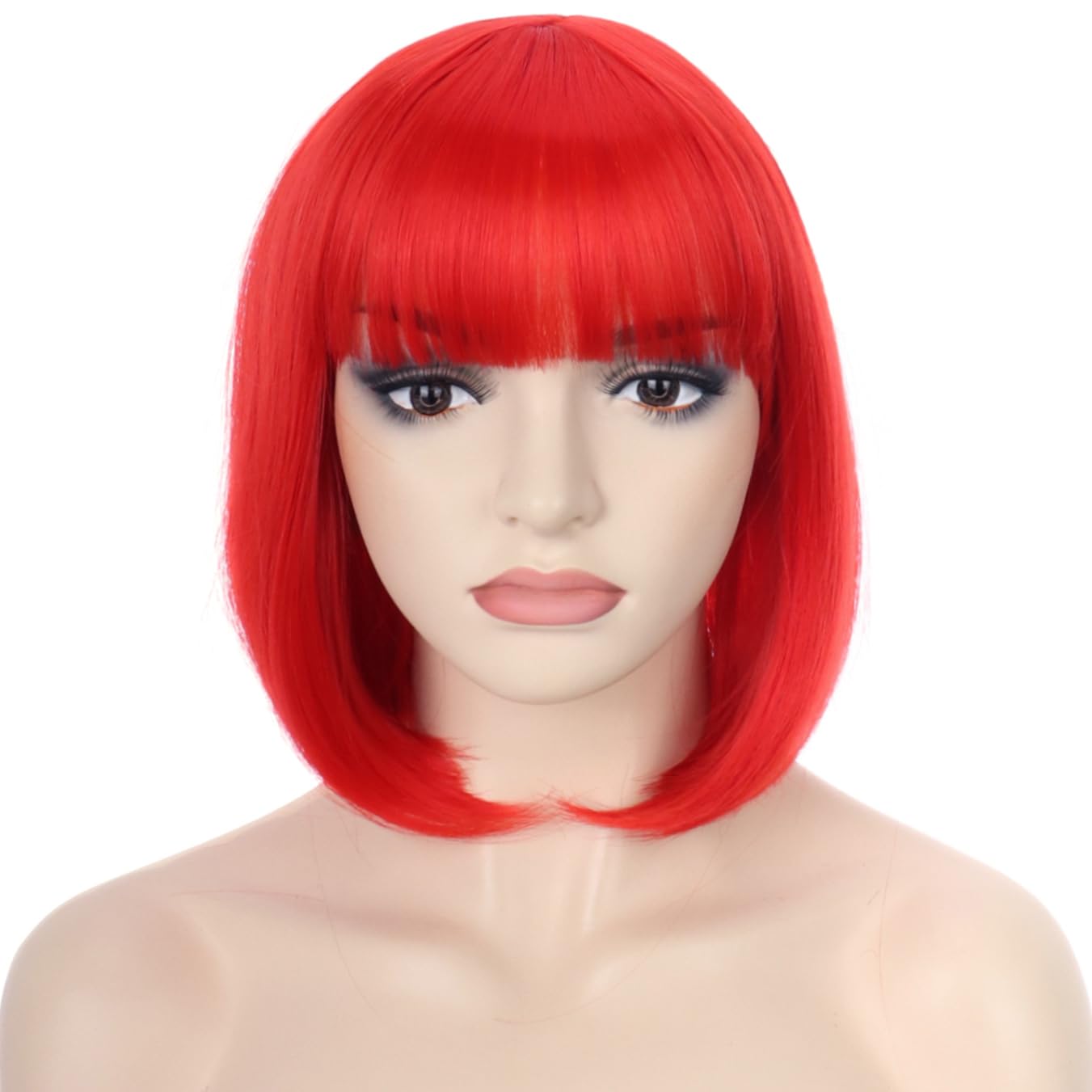 PORSMEER Short Hot Red Bob Wigs with Fringe For Unisex Womens Girls Natural Synthetic Hair Colorful Costume Cosplay Wig for Anime Halloween Fancy Dress Party+Wig Cap - Image 3