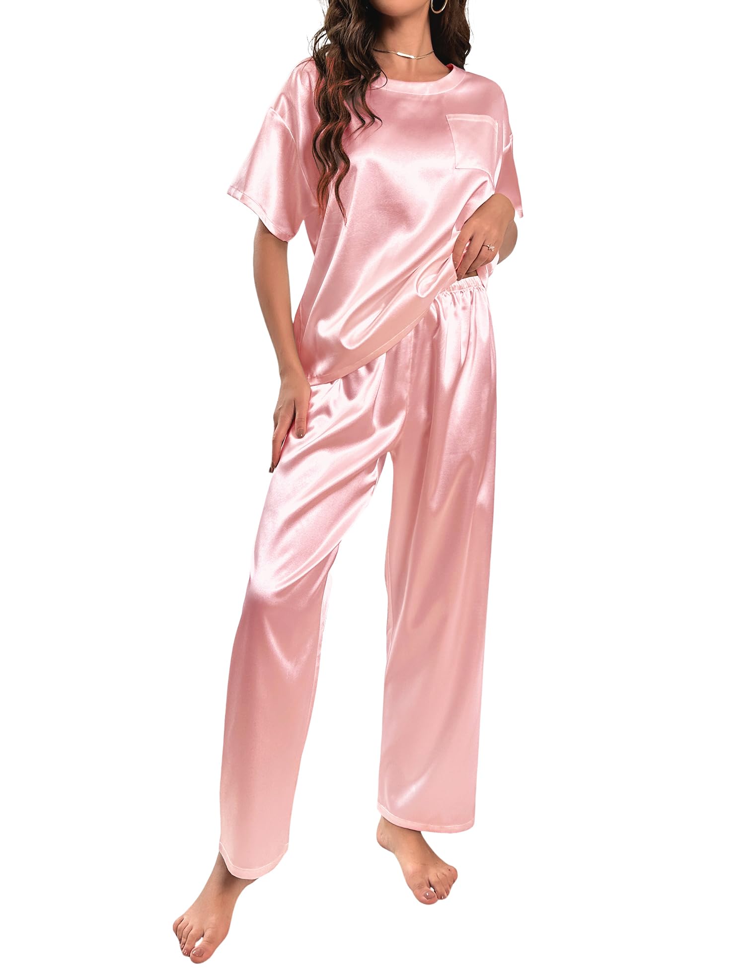 HANERDUN Damen Satin Pyjamas Set Kurzarm Hose Schlafanzug Zweiteiliger Pjs Sets Hausanzug, S-XXL