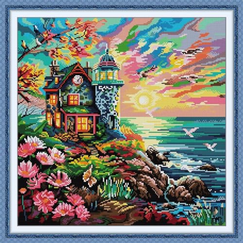 Image of ITSTITCH Stamped Cross Stitch Kits - Full Range of Embroidery Patterns for Beginners or Adults,14 CT 2 Strands DIY Counted Needlepoint Arts Craft-Seaside Lighthouse 16.9x16.9 inch
