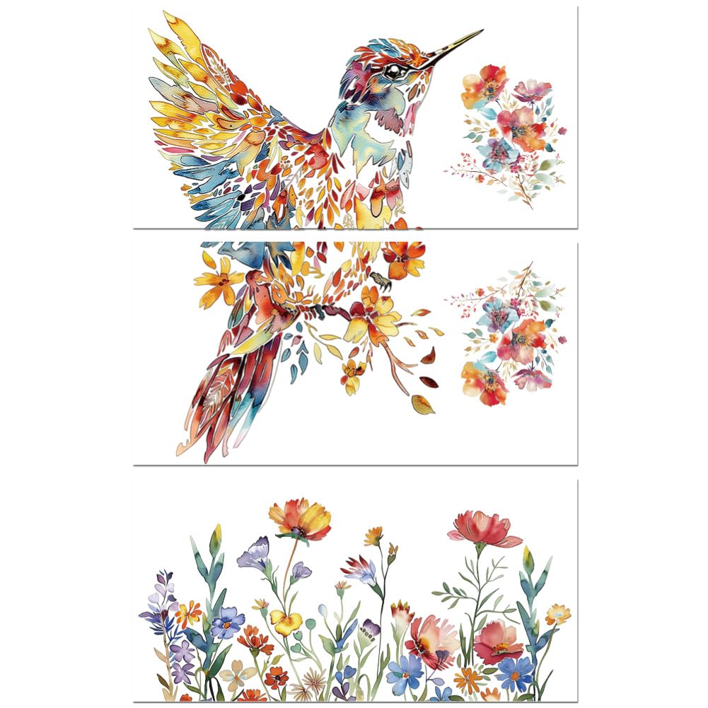 Peacoblue Rub on Transfer Decals for Furniture Crafts Decor 6"x12" Hummingbird and Flowers, 3Pcs Waterproof UV DTF Transfer Sticker for Lingerie