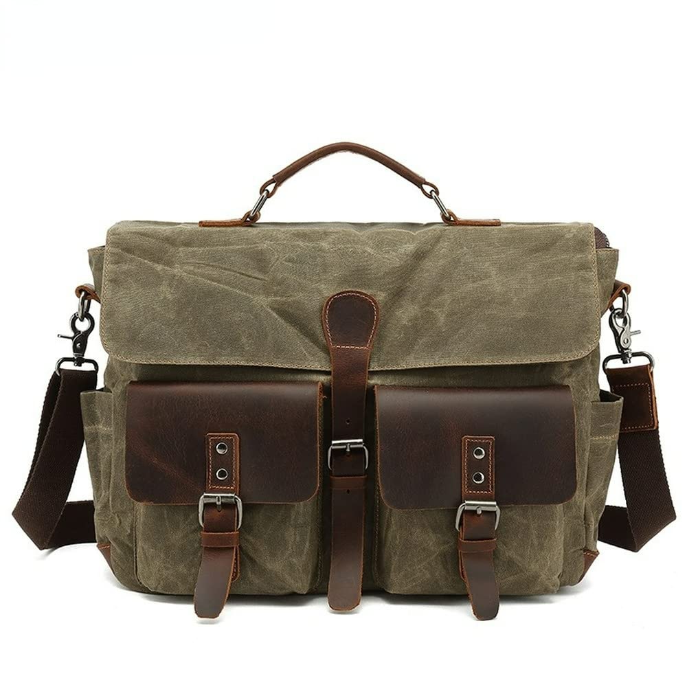 Vintage wasserdichte Wachstuch Canvas Laptop Handtaschen Aktentasche für Arbeit Computer Taschen Outdoor Crossbody Bag, armee-grün, M,
