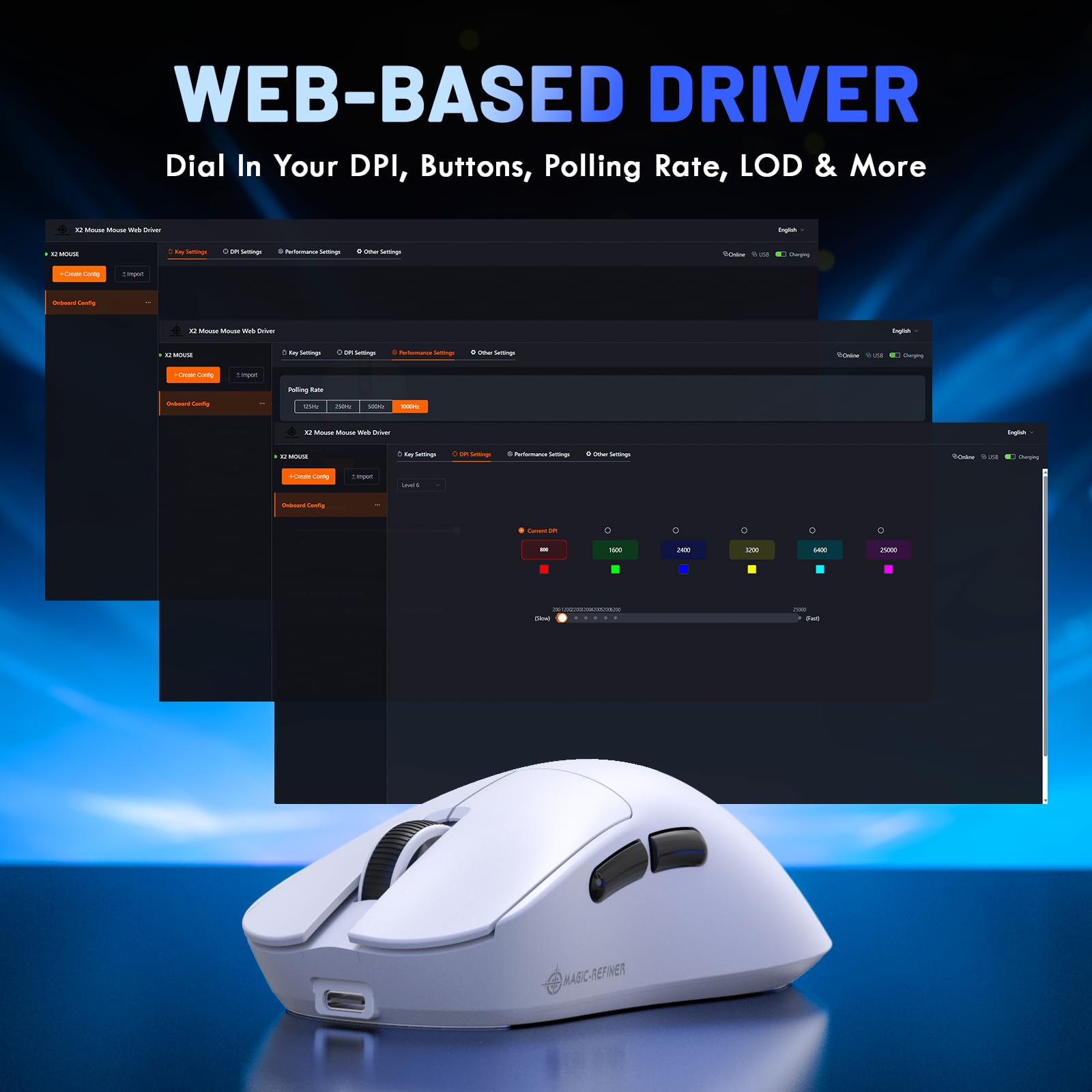 MAGIC-REFINER X2 Mouse Gaming Wireless, 24000 DPI, Ergonomico per Destrorsi, BK3633 MCU, PixArt PAW3311, 69g SUPERLIGHT, Batteria da 500 mAh, Bluetooth/2.4G/Cabalto, PC/Mac, Bianco