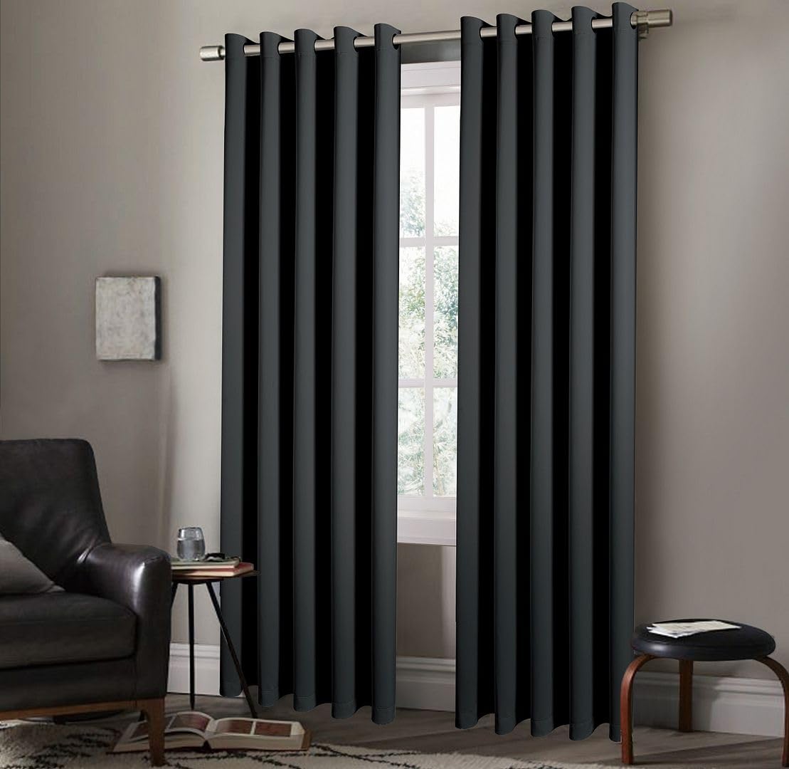 Pair of Eyelet Ring Top Thermal Blackout Curtains with Tie Backs – Plain, Insulated, Light-Blocking, Noise-Reducing, Lined Design (Black,46" x 72" (116x183cm))