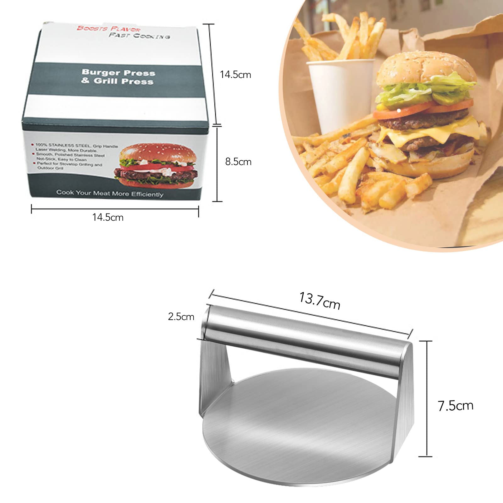 Pressa per Hamburger,Hamburger Pressa Rotonda da 4,9 Pollici in Acciaio Inossidabile, Multiuso Patty Press Non Appiccicoso Pressa per Hamburger Barbecue