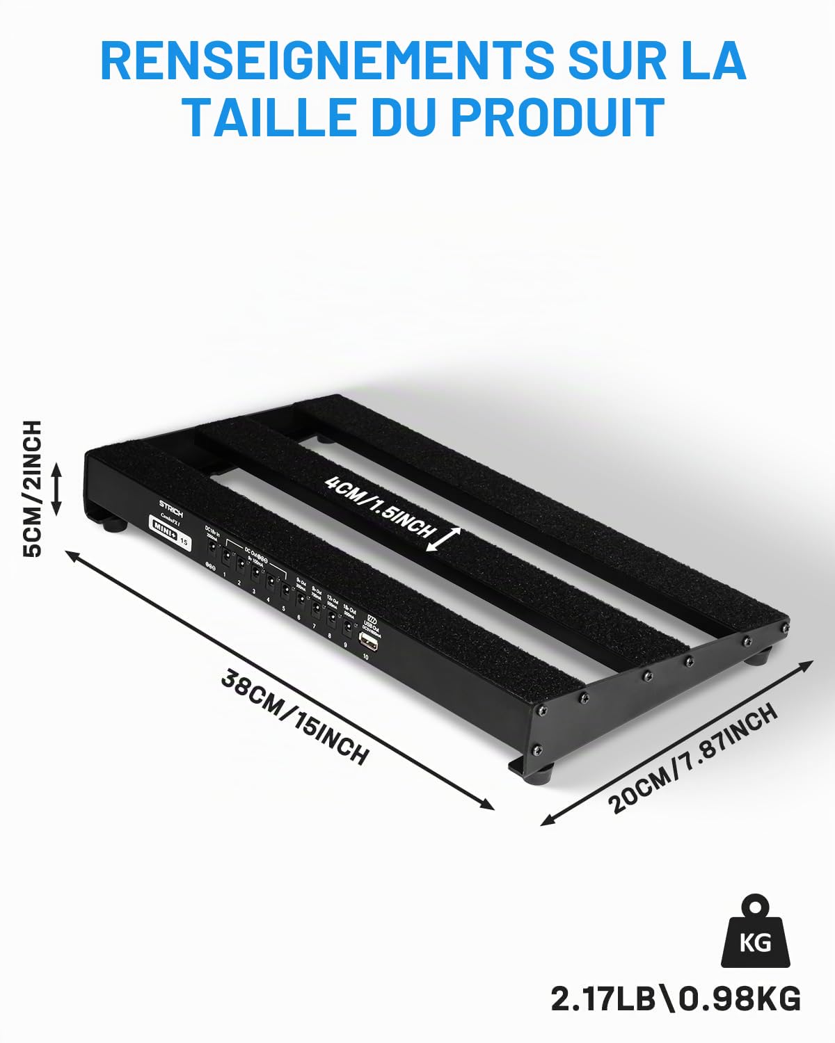 STRICH Pédalier de guitare avec alimentation intégrée, pédalier de 38,1 x 19,8 cm en alliage d'aluminium léger, pédalier avec câbles de pédale, sac, bandes auto-agrippantes PB-MP15