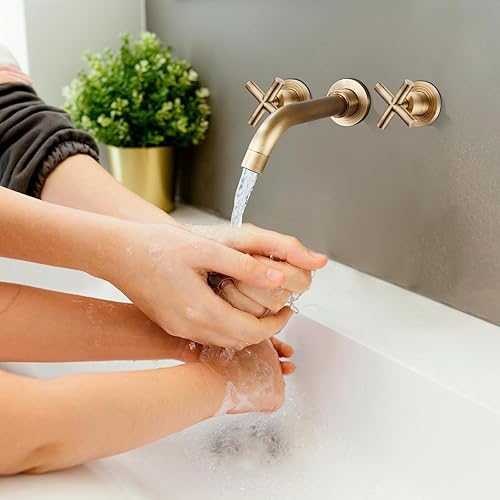 Miniatura 9 de Midanya Grifo de lavabo de baño montado en la pared, doble manija de 3 agujeros, grifo mezclador de lavabo de tocador con válvula áspera en doble