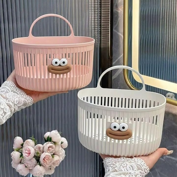 Cute Wall Mounted Storage Basket with Handle | Punch-Free Hanging Organizer Basket | Drainage Design Plastic Storage Basket for Bathroom, Kitchen & Bedroom (Pack of 1)