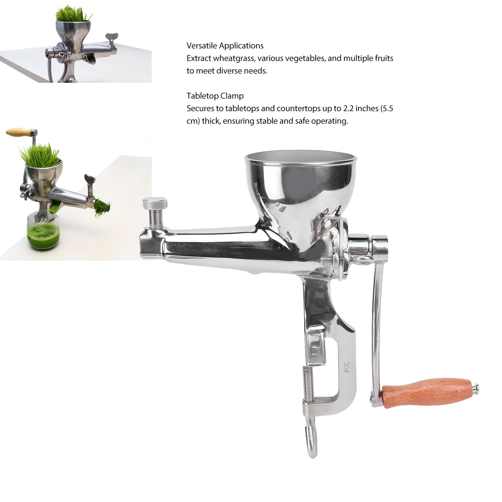 Fockety Estrattore di succo manuale per erbas di grano, estrattore di succo portatile a manovella in acciaio inossidabile resistente con morsetto da scrivania, spremiagrumi manuale