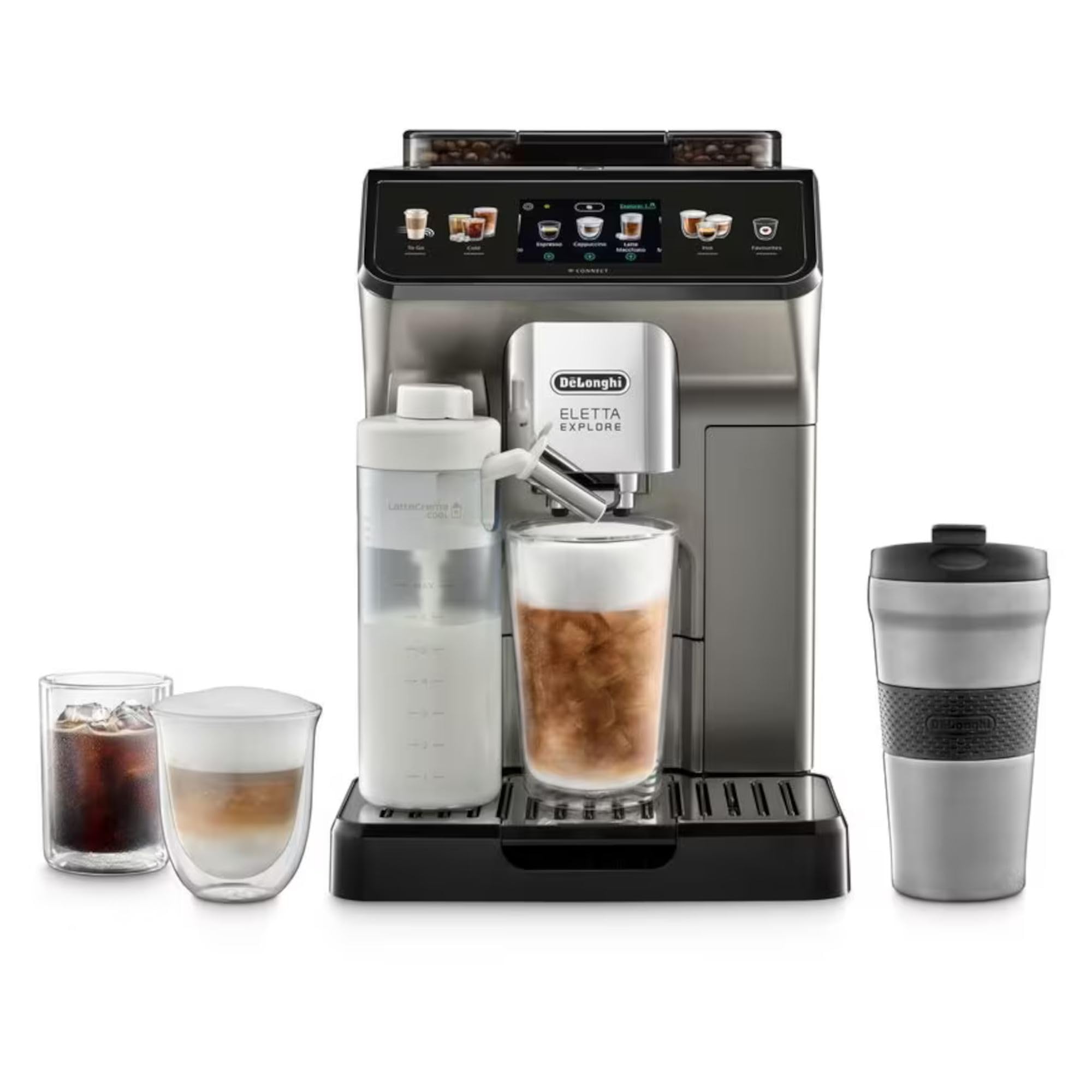 Delonghi De'Longhi Eletta Explore Cold Brew - Macchina da caffè a tazza in titanio, argento