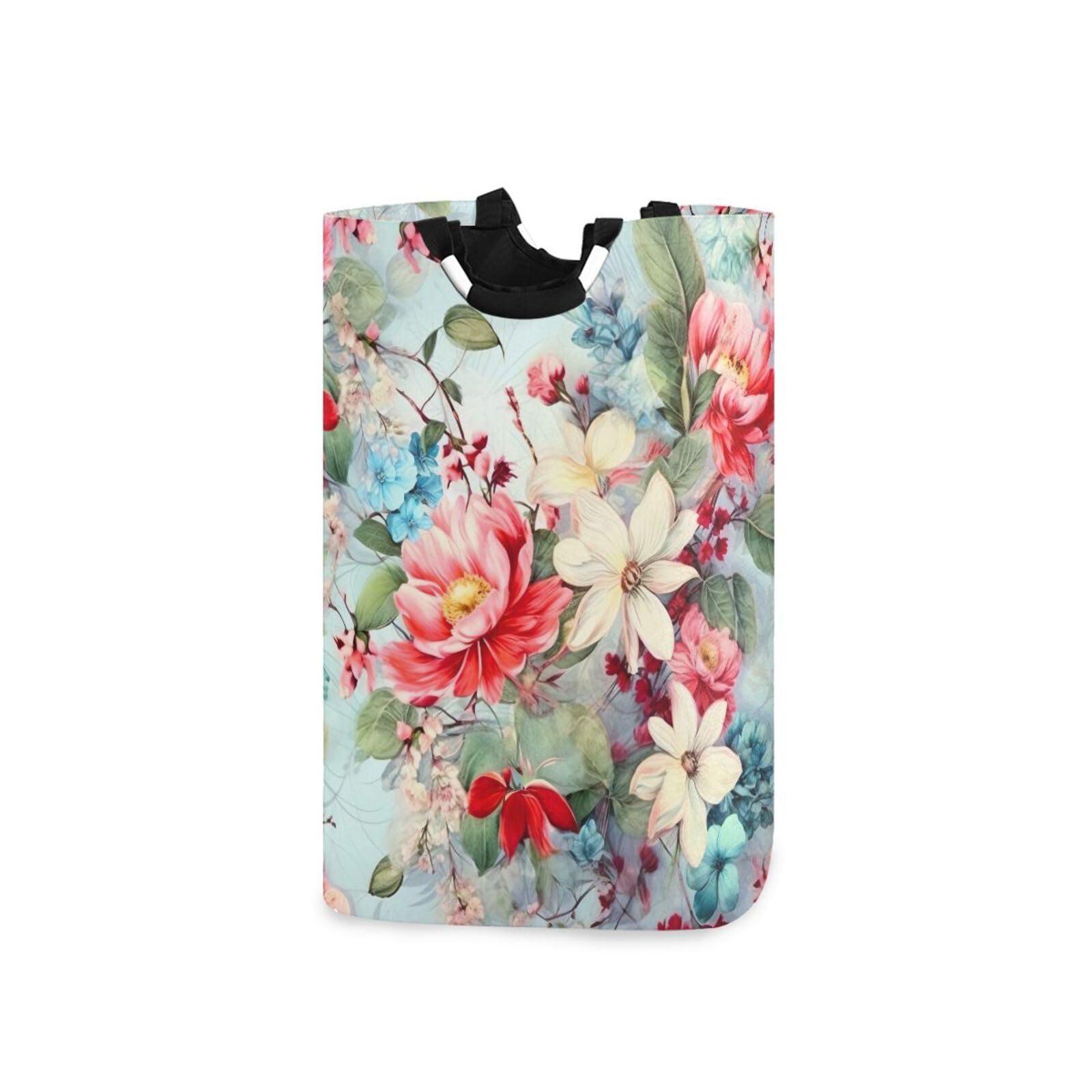 Jihqo Laundry Hamper Basket Red Floral Collapsible Nursery Storage Bin Waterproof Clothing Baskets for Home Bedroom Bathroom Washing Room