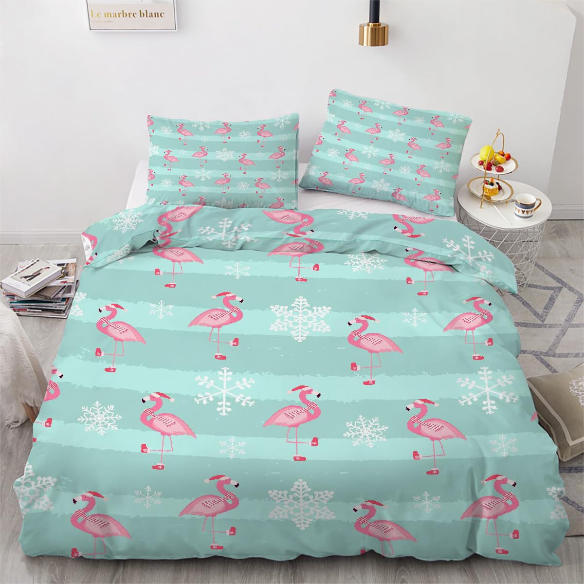 Parure de lit 1 personne 140x200 3 pièces motif flamant 3D ultra doux