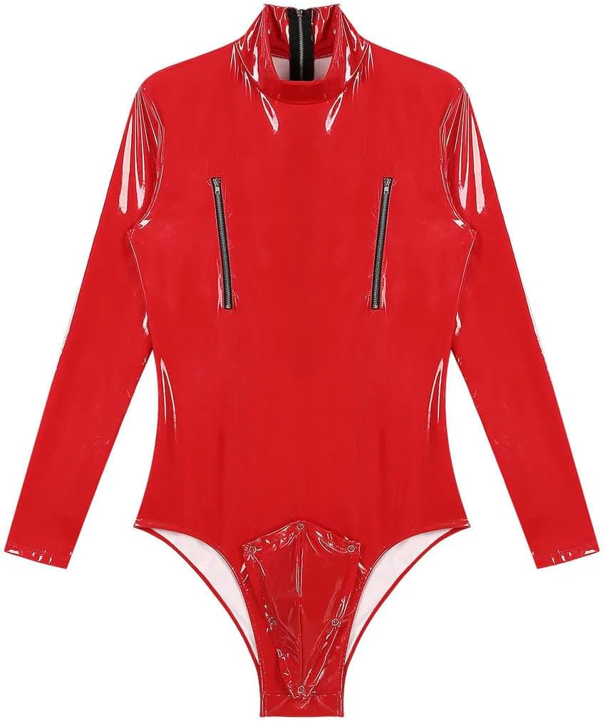 Mens Patent Leather Bodysuit Long Sleeve Nightclub Pole Dancing Clubwear