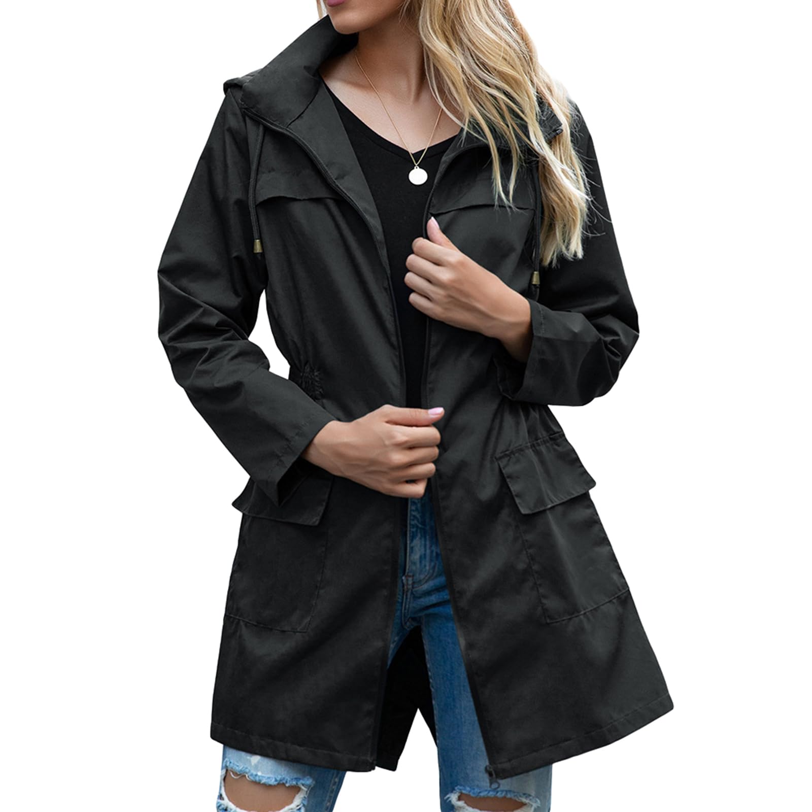 Wztyyds Women Trench Raincoat With Hood Ladies Lightweight