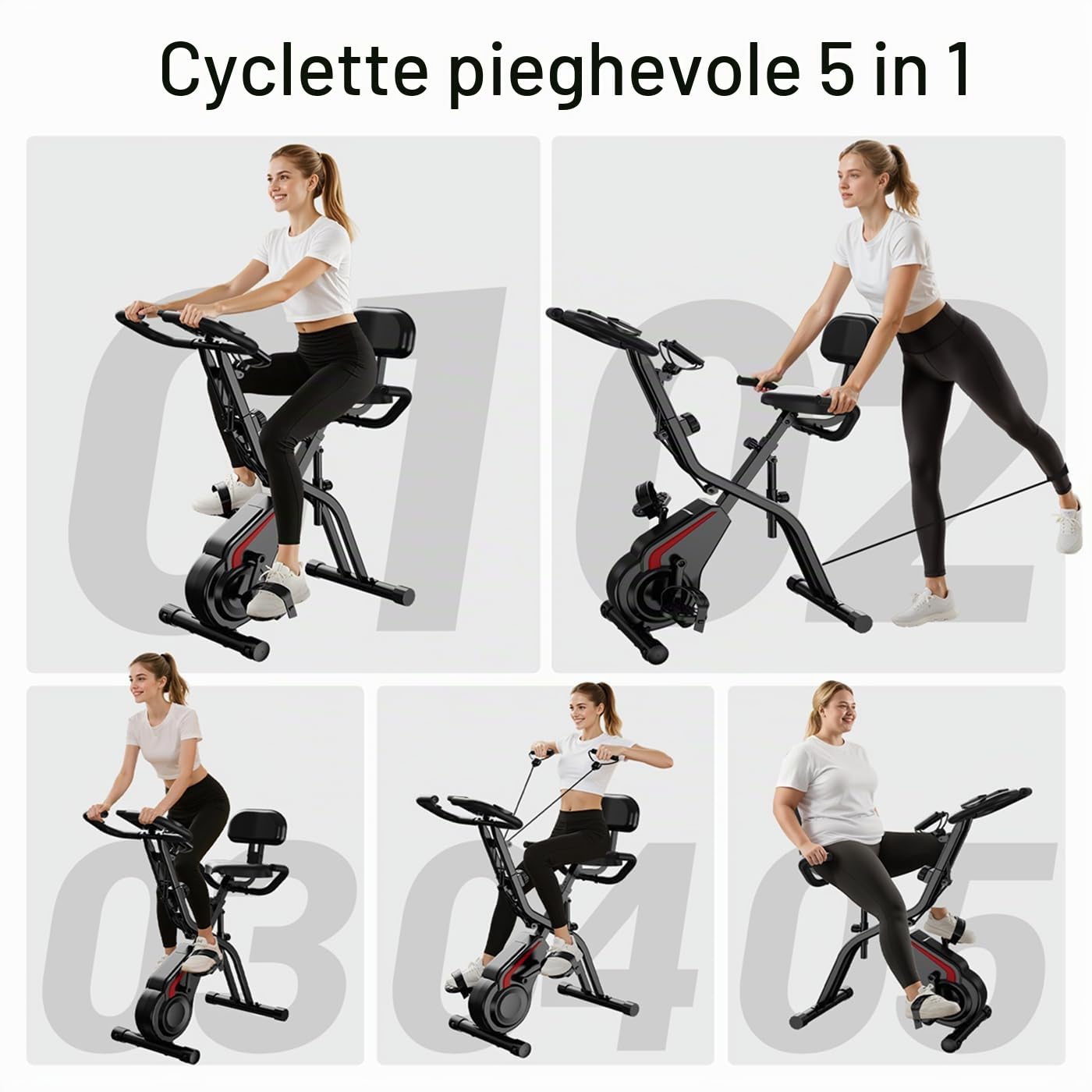 Mengmiao Cyclette Pieghevole 5 in 1 – Bici Statica Magnetica per Casa con Schienale