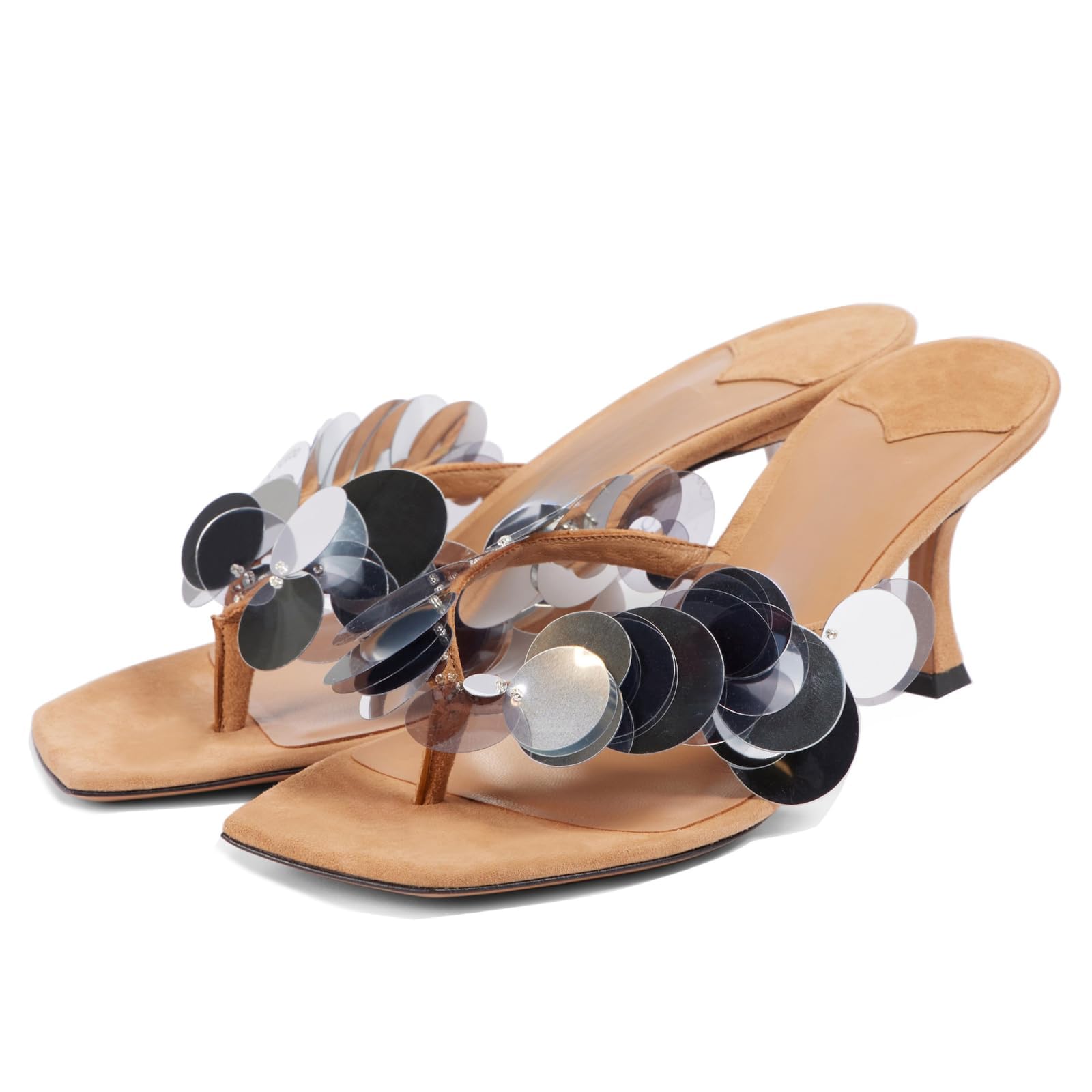 Goolita Women's Suede Sequin Kitten Heels Flip Flops Open Square Toe Strappy Thong Slide Heeled Sandals Comfort Prom Party Mules Heels