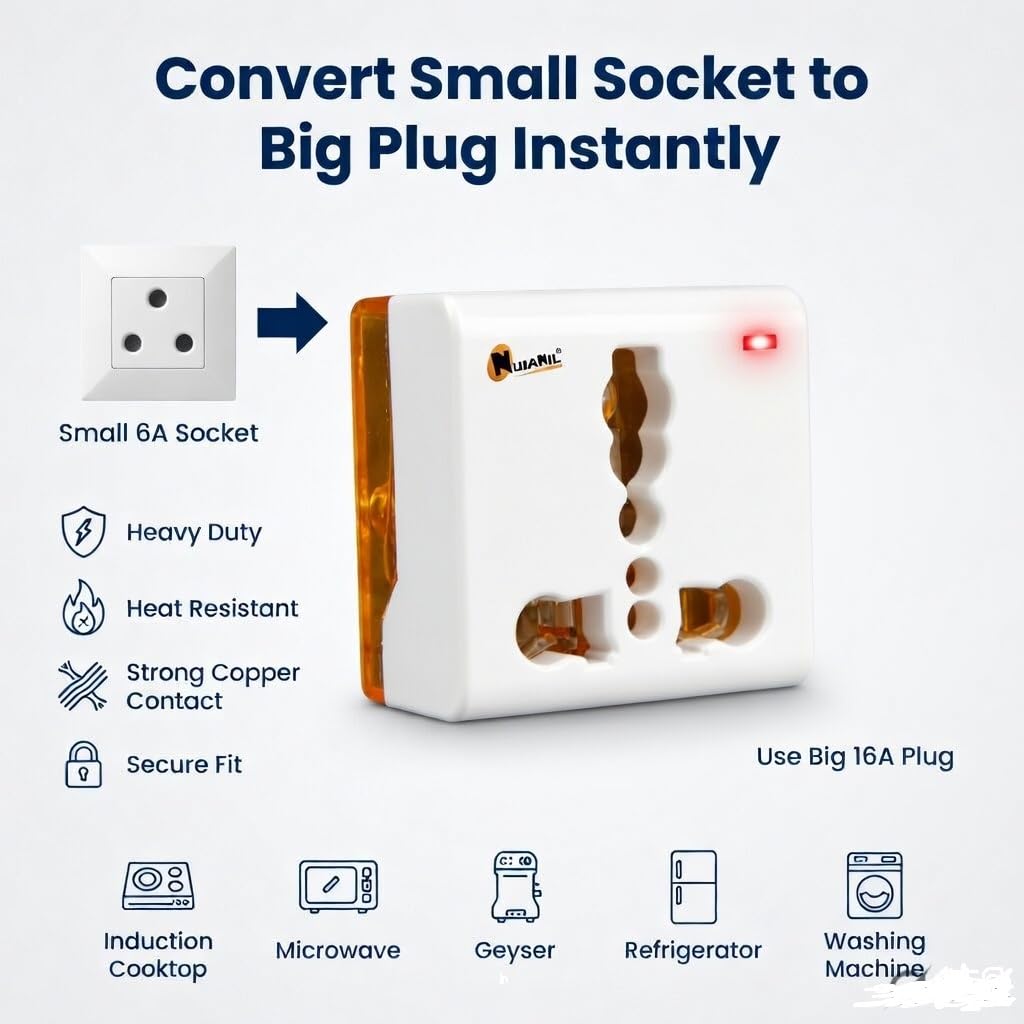 6A to 16A Converter Adapter Plug | Induction Cooktop Plug Adapter | 5A to 15A Socket Converter with Indicator | Converts Small 6A Socket to 16A Plug for AC, Geyser, Microwave & Appliances — Amazon image 8