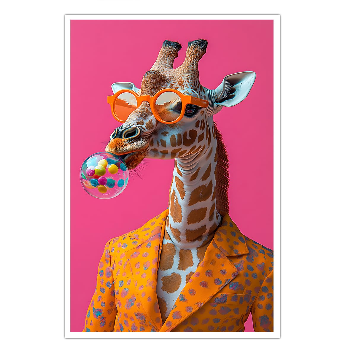 CHERHERART Pop Art żyrafa pomarańczowy kostium na płótnie surrealistyczne zdjęcie śmieszne zwierzęta plakat ścienny do biura jadalnia dekoracja różowy pomarańczowy płótno 78 x 140 cm bez ramki