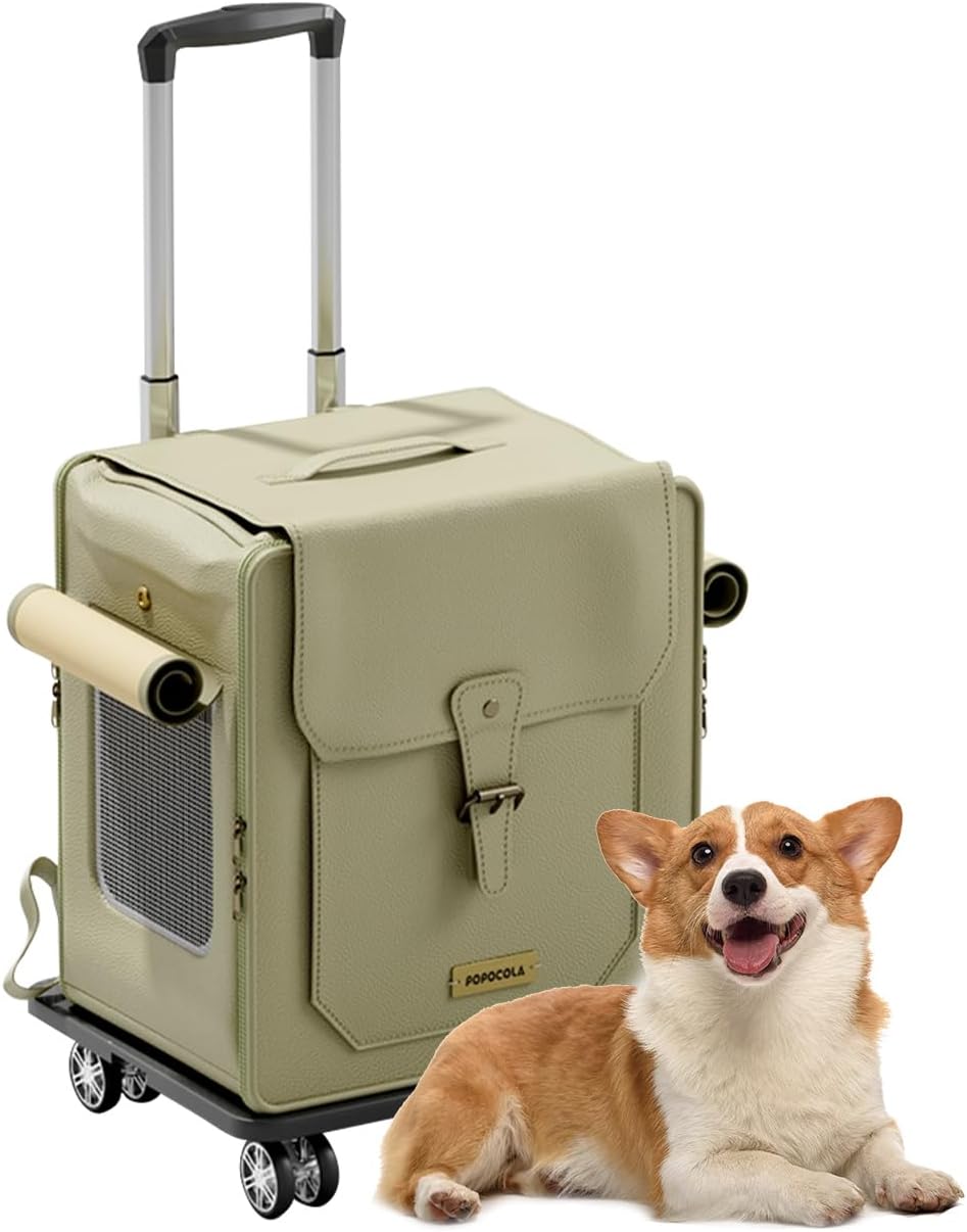 Pet Backpack with Wheels, Pet Stroller, Dog Travel Bag with Removable Rolling Wheels, Dog Backpack with Mesh Ventilation Windows(Green)