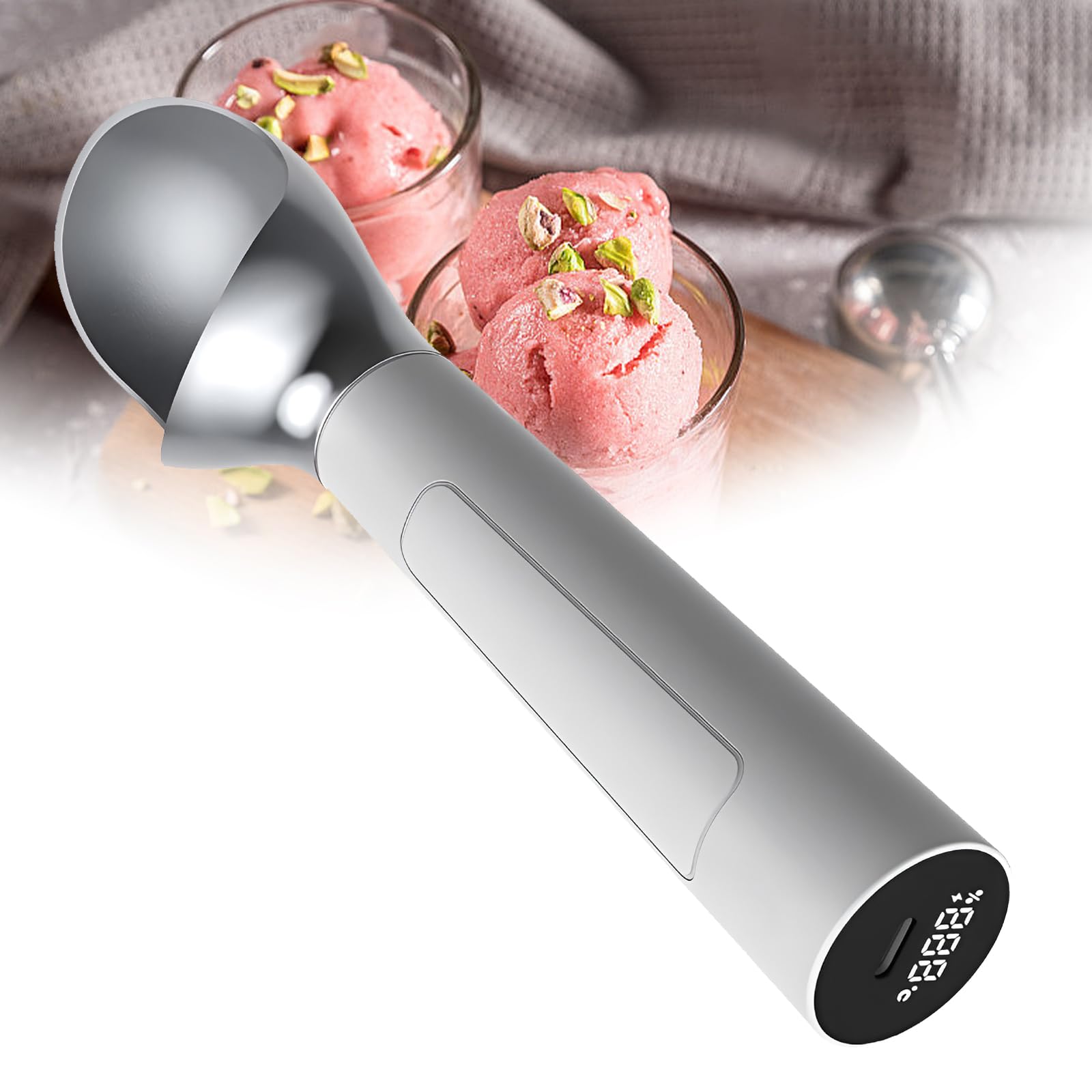 Porzionatore per Gelato Elettrico Portatile e riscaldato, capacità 56 g, con Display a LED, Impermeabile IP67, Facile da Usare Anche per Il Gelato Duro White