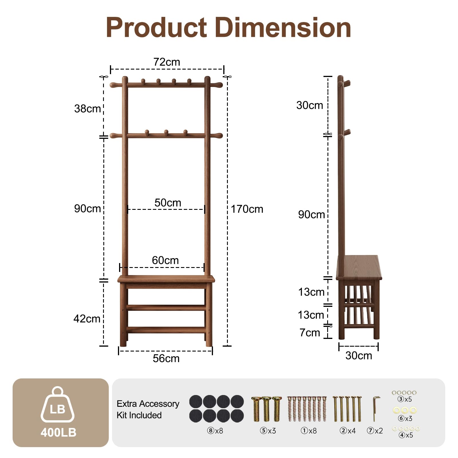 AQIMUELE Appendiabiti a 3 Ripiani, Attaccapanni Portabiti in Legno con Panca, 11 Ganci, per Corridoio Camera da Letto, Stile Moderno, 30 x 60 x 170 cm (Noce)