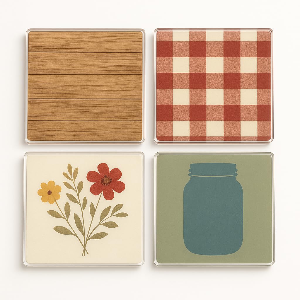 The Plum Penguin Country Hearth Blend Acrylic Coaster Gift Set Of 4 With Design - Cosy Home Decor For Warm Living Room Ambience