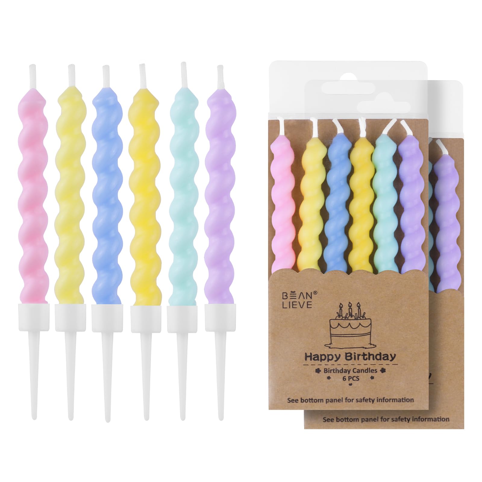 BEAN LIEVE 12-Count Birthday Candles - Rainbow Birthday Candle with Holders Colorful Spiral Long Cake Candles for Birthday Wedding & Lucky Party Cake Decorations