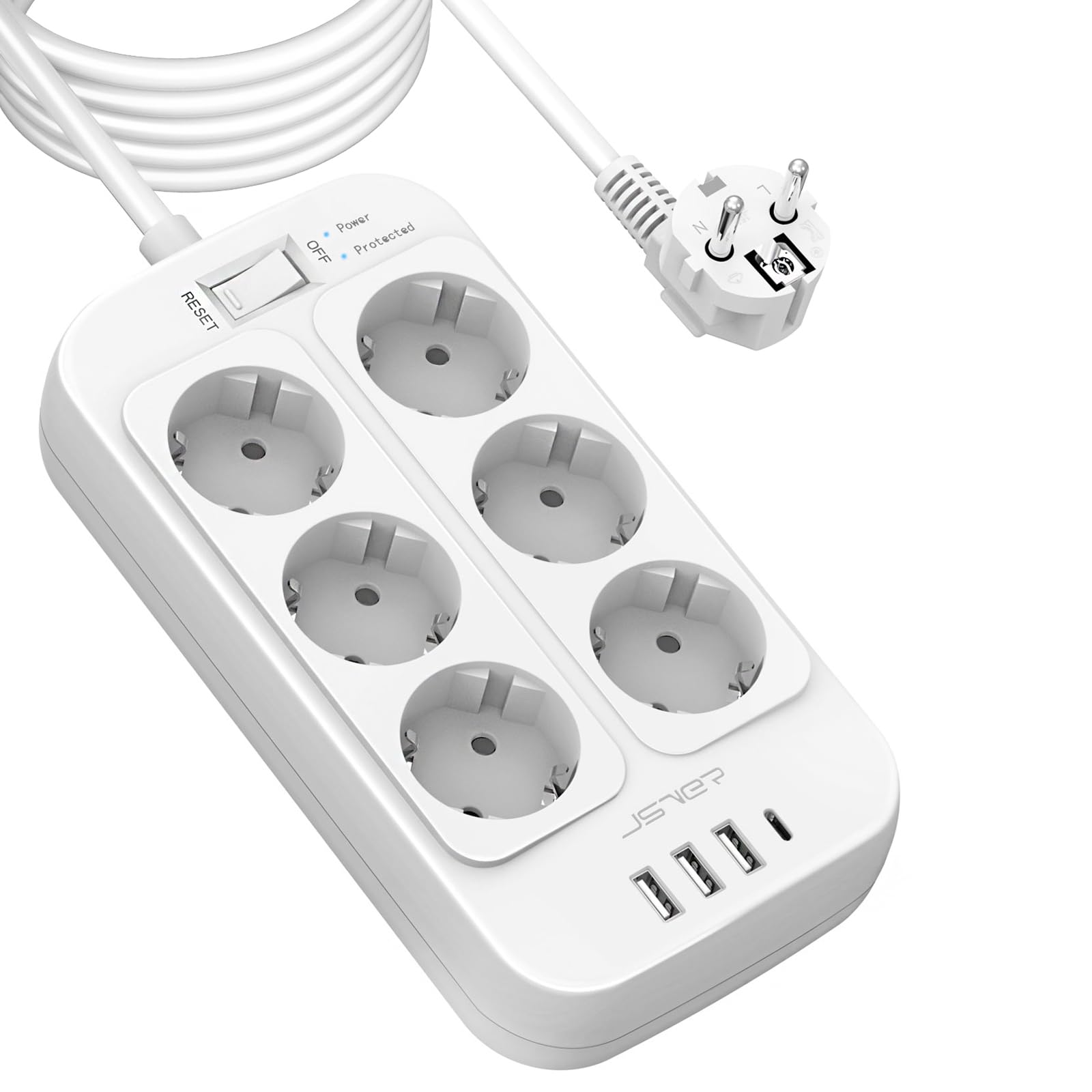 JSVER Regleta de 5 m, protección contra sobretensiones, 6 enchufes con 4 puertos