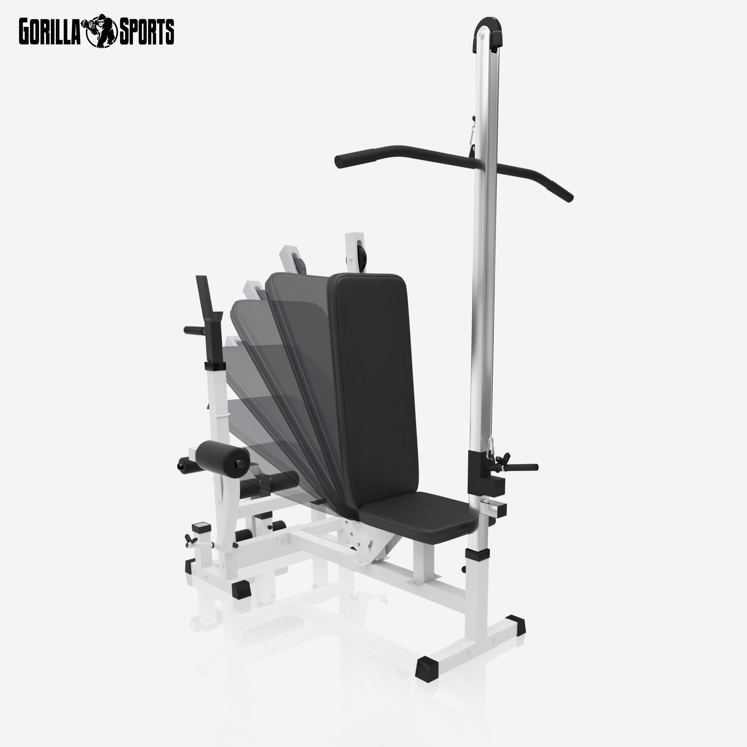 GORILLA SPORTS® Stazione Multifunzione - Regolabile in Molte Posizioni, Lat Machine, Maniglie Dip, Portabilanciere, Estensioni delle Gambe, Stazione Butterfly - Panca Pesi, da Palestra, Fitness