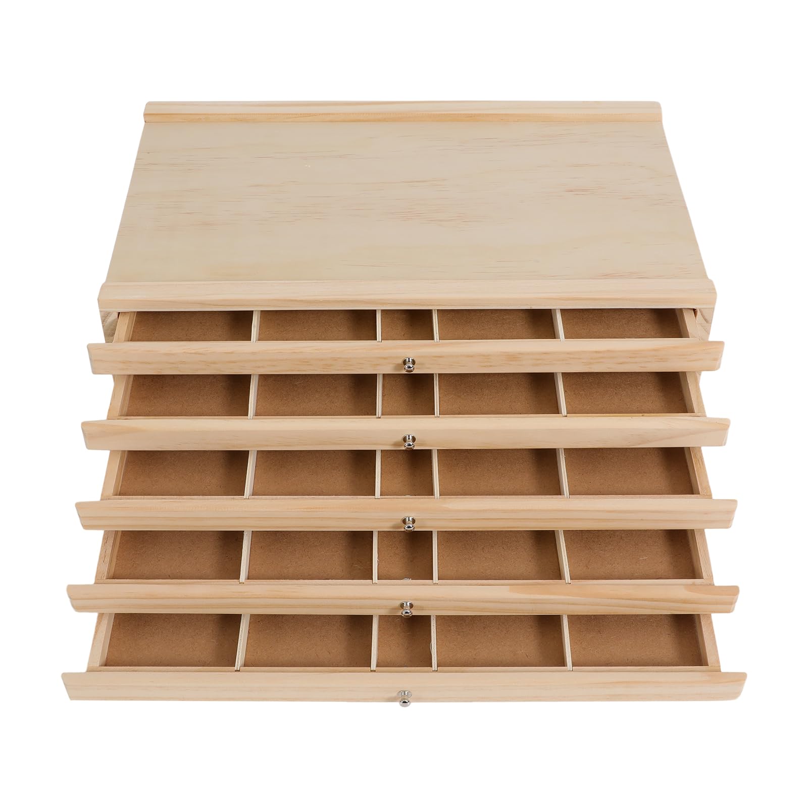 5-Drawer Pine Artist Boîte de rangement – 38 x 25 x 10 cm – Boîte de rangement avec compartiments et tiroir, finition en bois, poignées en métal, organiseur de table pour art, artisanat, bijoux