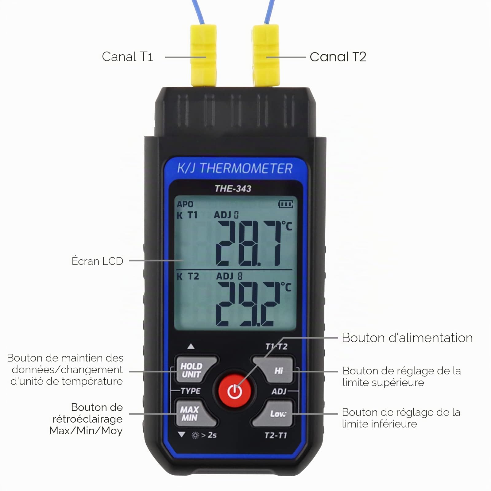 Thermomètre Thermocouple Numérique de type K avec 4 Thermocouples, Plage de Mesure de -200~1372℃, Thermomètre HVAC à double Canaux, Jauge de Température avec Compensation ADJ