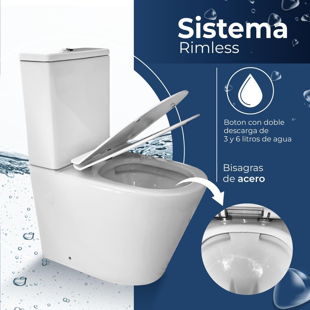 Inodoro Completo - WC Inodoro Completo con Sistema Rimless Antibacterias - Vater Baño con Tapa UF Termodurente Amortiguada - Inodoro Salida Dual Eficiente con Ahorro de Agua (Venecia)