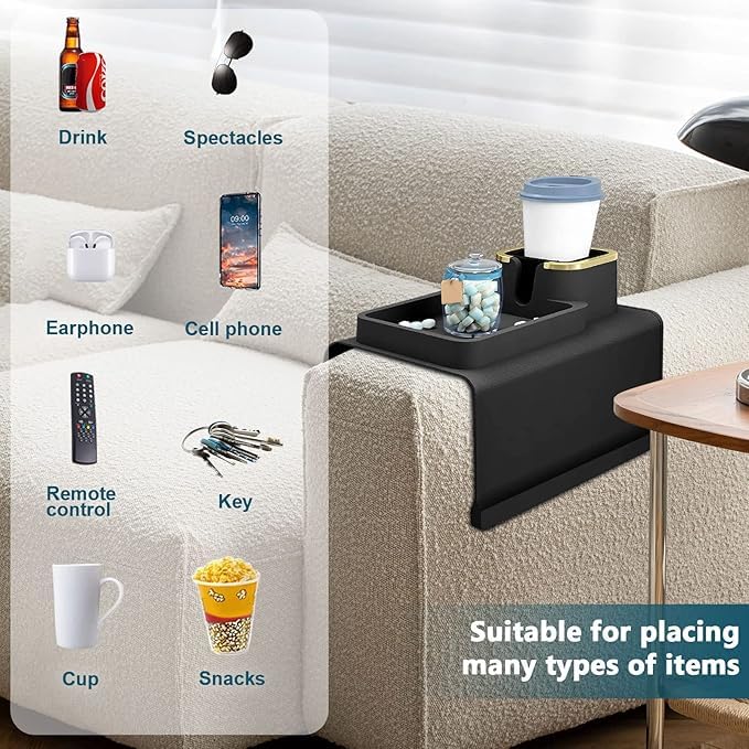RELEMTRA Silicone Couch Cup Holder, RELEMTRA Anti-Spill and Anti-Slip Sofa Armrest Tray, Dirt-Resistant Silicone Couch Arm Tray for Remote, Snacks, Cellphone and iPad, Gift for Family, Friend
