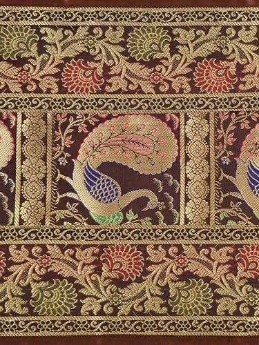 Image of Banarasi Brocade Zari Silk Table Runner Dinning & Centre Table Runner 177 By 30 CM (Brown, Peacock)