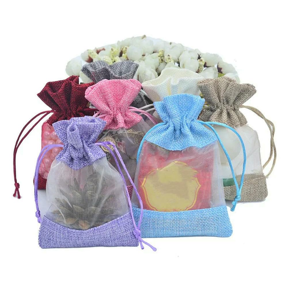 Lot de 25 pochettes de rangement en toile de jute et de coton avec cordon de serrage - Sacs cadeaux en organza et lin avec cordon de serrage - Plusieurs tailles - Beige - 13 x 18 cm