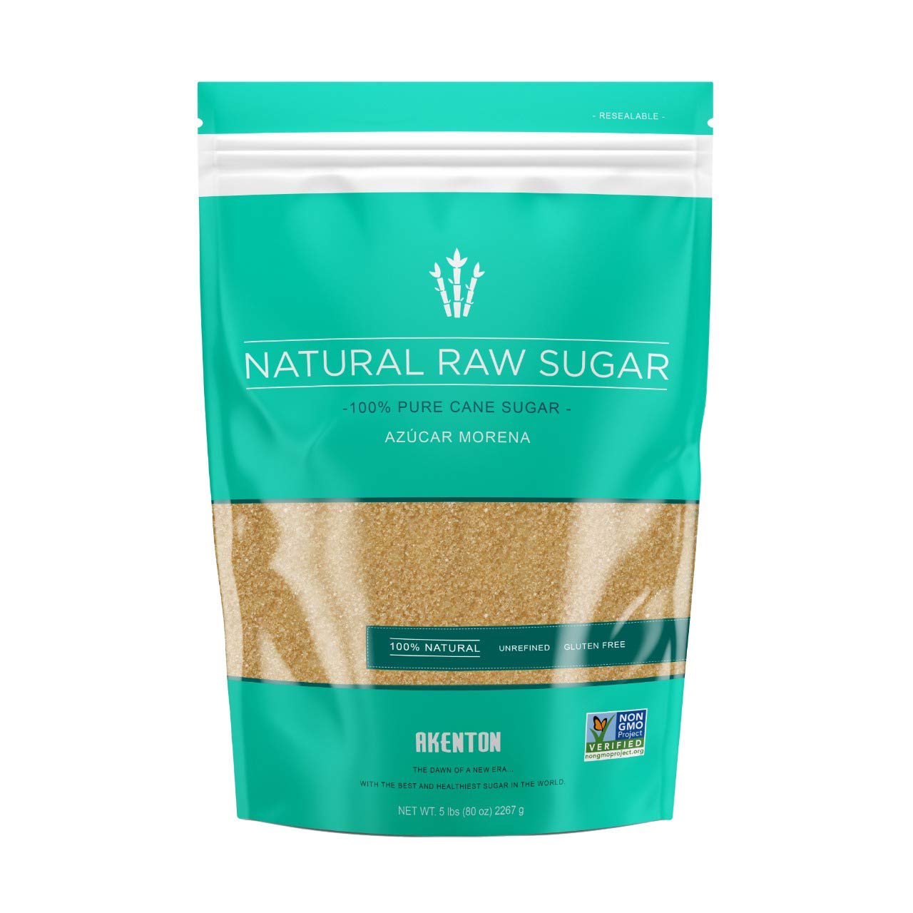 Akenton Natural Raw Cane Sugar, 5 Pound Resealable Bag
