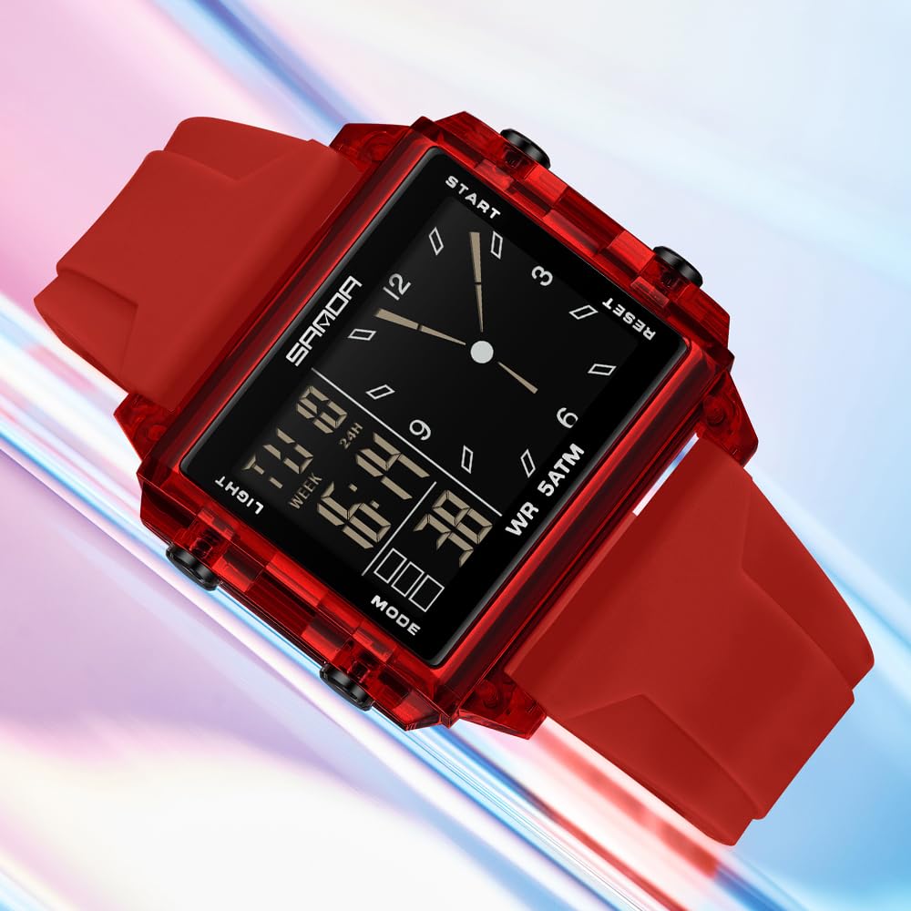 FANMIS Relojes digitales para hombres y mujeres, impermeables, unisex, reloj deportivo digital, cronómetro, alarma de cuenta regresiva, correa de silicona analógica, reloj de pulsera transparente