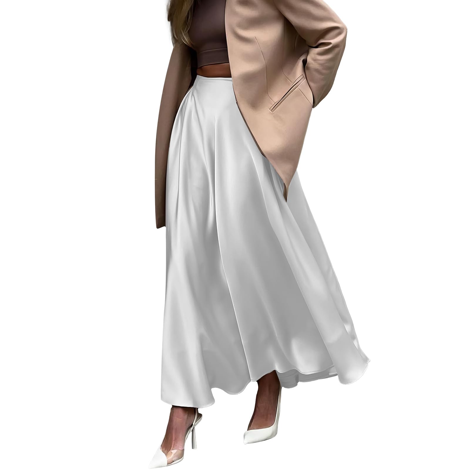 Eleganter Damen-Satin-Langrock Mit Hoher Taille Und Elastischem Gürtel, Maxirock Aus Seide, Geeignet Für Hochzeit, Cocktailparty, Business