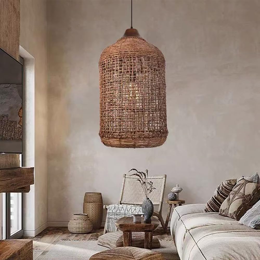 XQIDIANAA 15.7inch Pendant Light for Kitchen Island,Rattan Hanging Lamp Boho Chandelier Hanging Lamp Basket Light Fixture for Farmhouse Bedroom Hallway