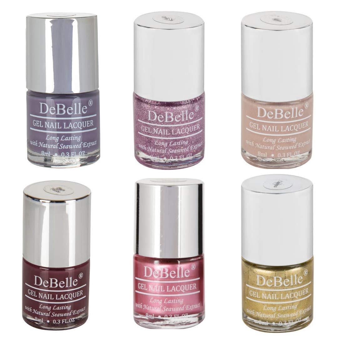 DeBelle Gel Nail Polish Combo Set of 6 Viola Dew (Dark Lilac), Ophelia (Lavender with Holo Glitter), Aries (Light Beige Glitter), Plum Toffee (Plum Maroon), Chrome Glaze (Metallic Pink), Canopus (Beige Gold with Black Glitter)- 48ml (8 ml Each)