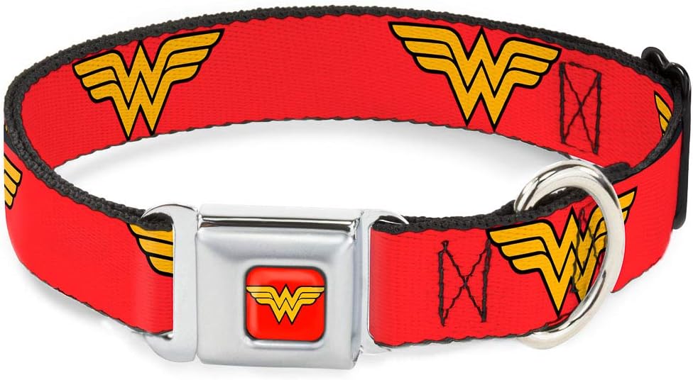 Dog Collar Seatbelt Buckle Wonder Woman Logo Red 15 to 26 Inches 1.0 Inch Wide