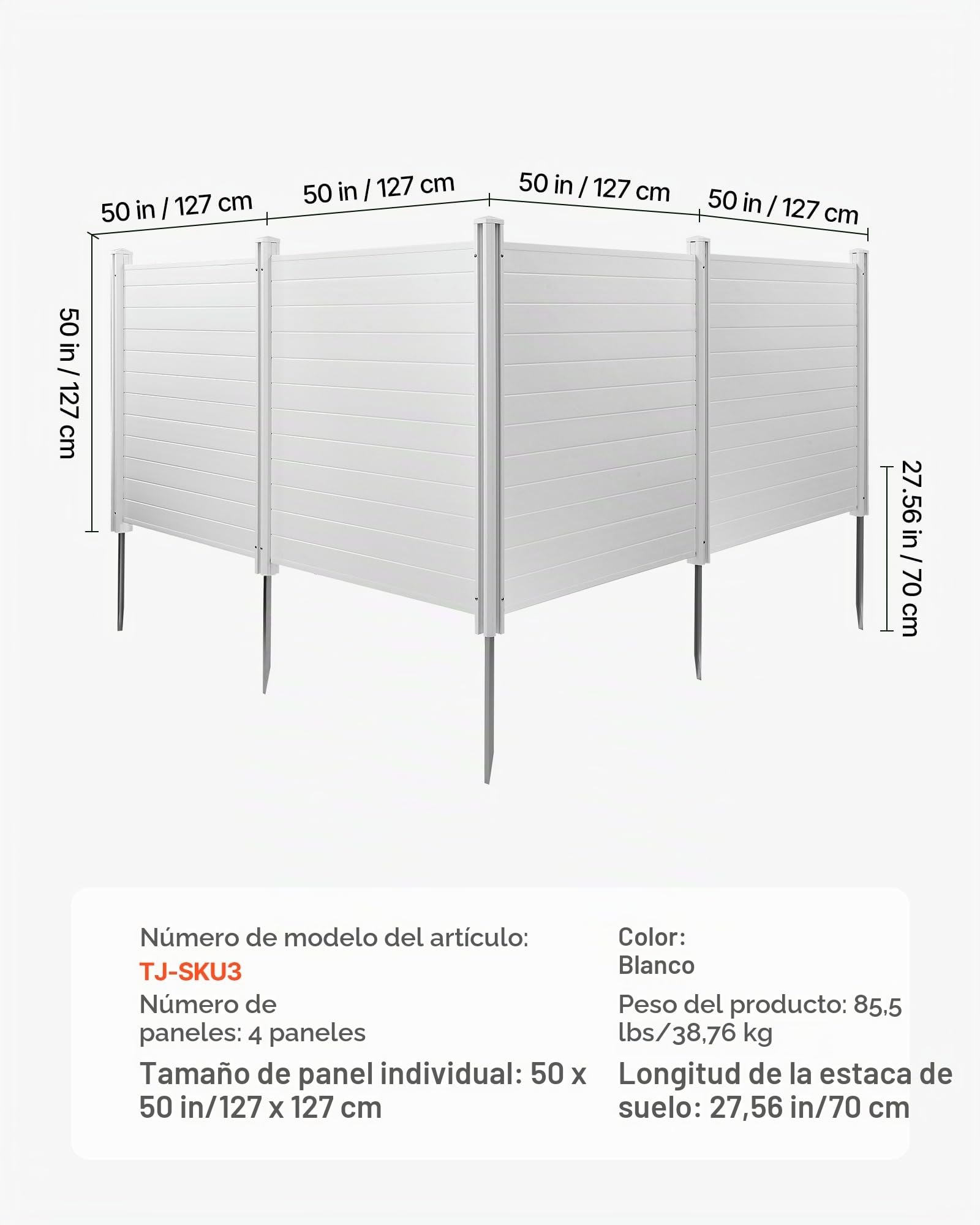 VEVOR Panel de Protección Exterior 127x127 cm Kit de Valla de Jardín Horizontal 4 Paneles de Privacidad con Estacas de Metal, Accesorios para Suelos Blandos, Aire Acondicionado Oculto, Botes de Basura