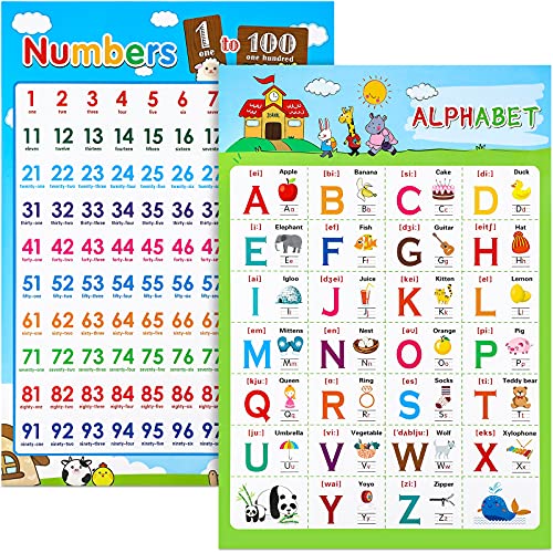 Lot de 2 affiches éducatives laminées pour l'apprentissage des nombres et des lettres de l'alphabet - Pour enfants, tout-petits, crèche, éducation familiale, décoration de salle de classe