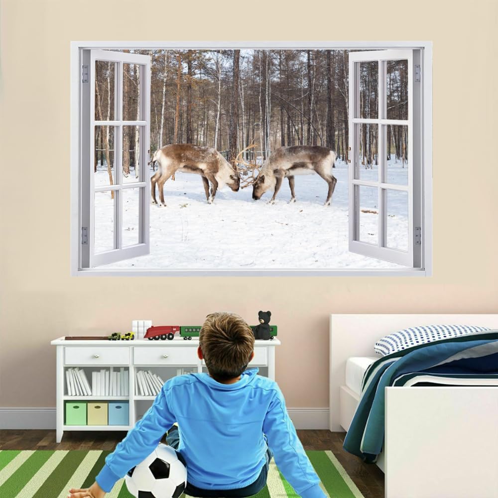 3D Wandtattoos Durchbruch Wandbild Schneehirsch Selbstklebend Kinderzimmer Aufkleber Wandaufkleber Winterwald Abnehmbare Wandsticker für Kinderzimmer Wohnzimmer Schlafzimmer Deko